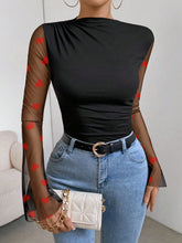 Women's Solid Color Patchwork Heart Mesh Bell Sleeve Ruffle Collar Bodysuit